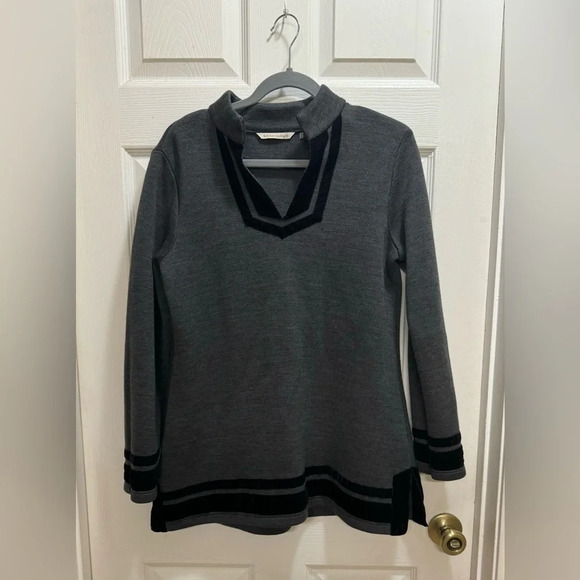 Soft Surroundings Runway Tunic Gray Black Velvet Trim Sweater Top NO SIZE TAG - Picture 1 of 7